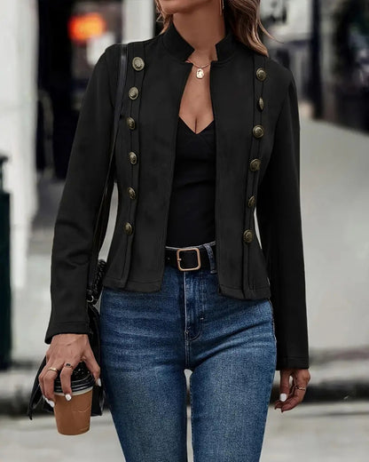 Faux Suede Stand Collar Jacket Open Front Button Decor Casual Coat