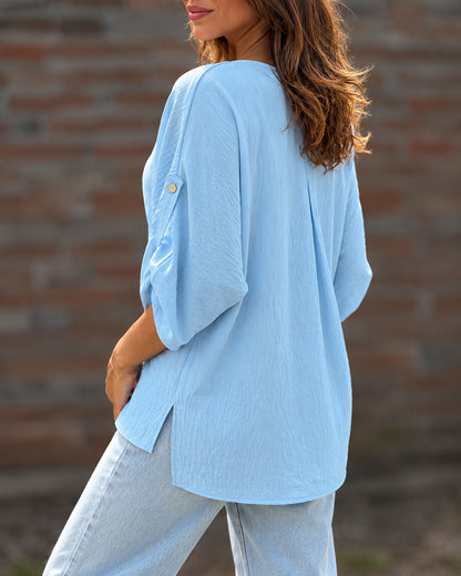 Women's V-Neck Roll Up Sleeve Side Slit Loose Fit Blouse
