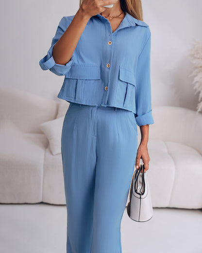 2 Pieces Outfit Turn-down Collar Turn-Up Sleeves Button Front Flap Pockets Design Top and Causal Zipper Fly Elastic Back Waist Wide Leg Pants Set