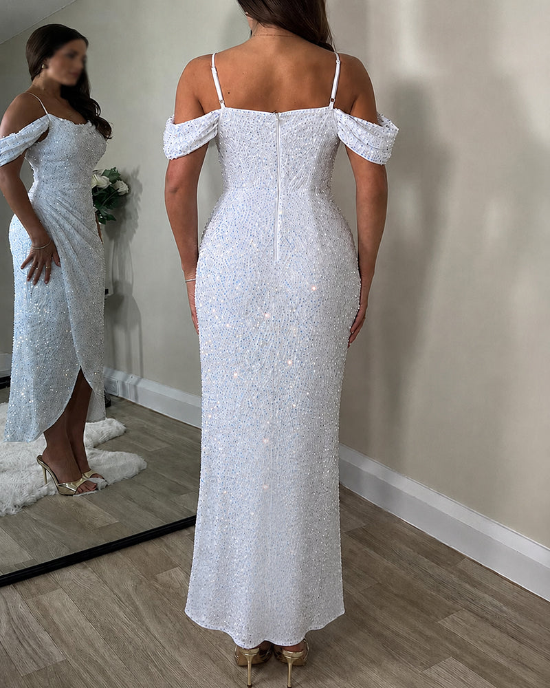 Women's Allover Sequin Cold Shoulder Wrap Slit Dress Elegant Ruched Party Evening Gown