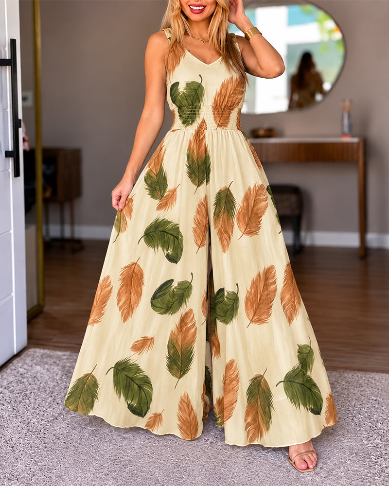 Women's Feather Print V-Neck Sleeveless Shirred Waist Wide-Leg Mesh Jumpsuit with Lining