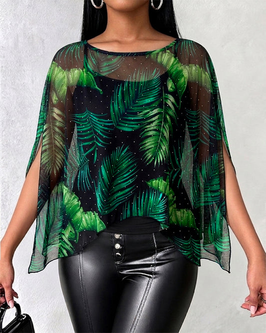 2-teiliges Damen-Set mit tropischem Blätter-Print, Strass-Mesh-Umhang mit geteilten Ärmeln und Cami-Top