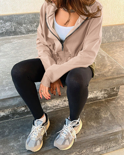 Long Sleeve Waist Drawstring Hooded Coat Casual Loose Fit Cardigan Jacket with Pockets