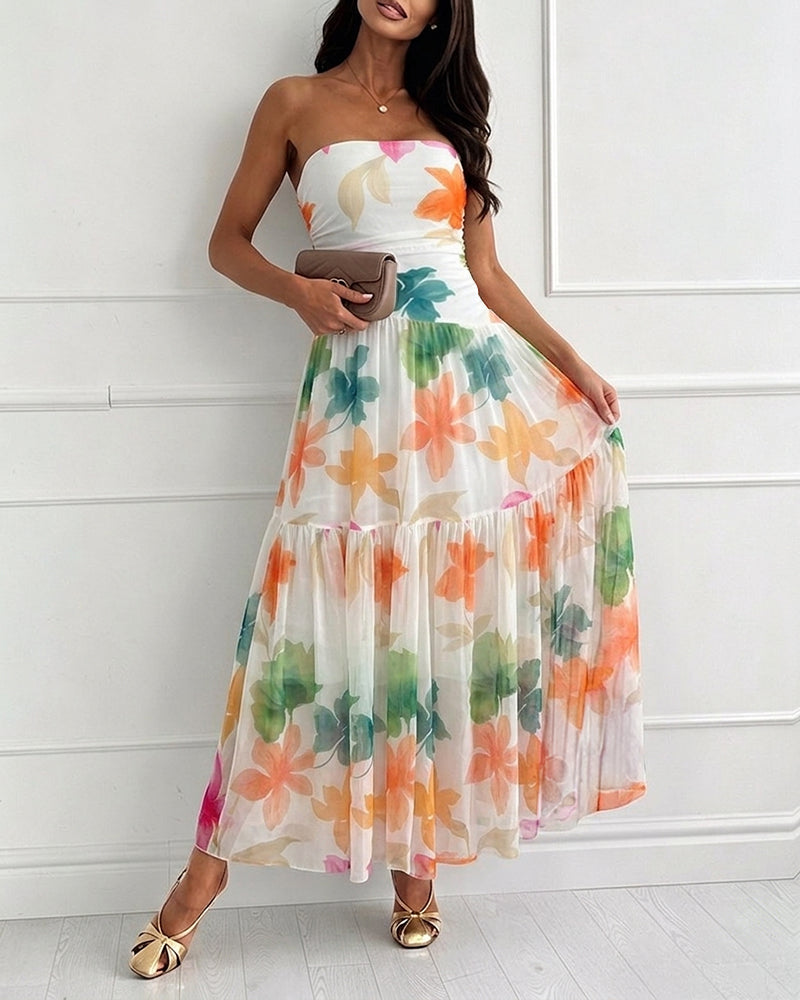 Women's Floral Strapless Maxi Dress Ruched Mesh Tube Vacation Dress Ruffle Hem A-Line Sundress with Detachable Clear Straps