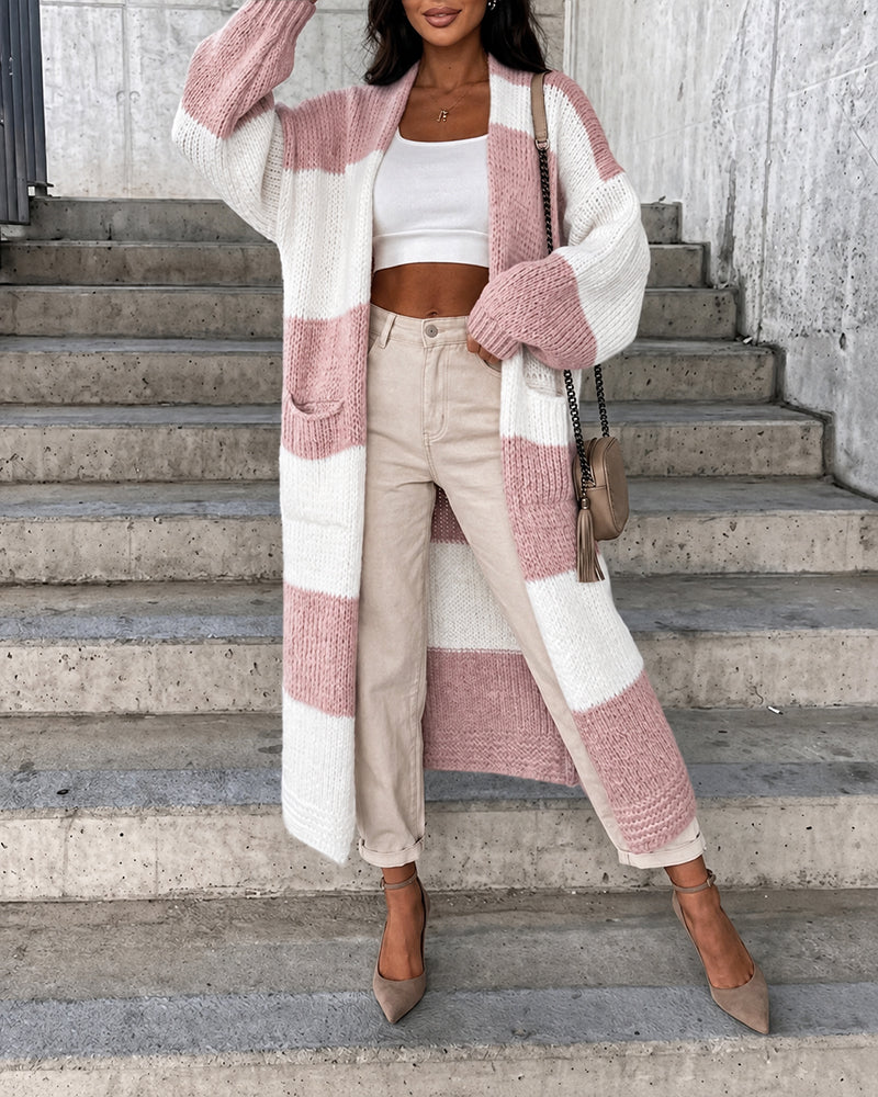 Women's Checkerboard Knit Cardigan Oversized Long Chunky Sweater Loose Lantern Sleeve Coat with Pockets