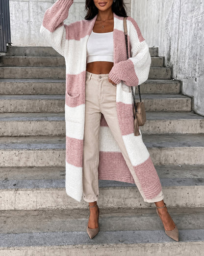 Women's Checkerboard Knit Cardigan Oversized Long Chunky Sweater Loose Lantern Sleeve Coat with Pockets