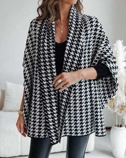 Houndstooth Print Versatile Loose Fit Sweater Coat Casual Warm Cape Shawl