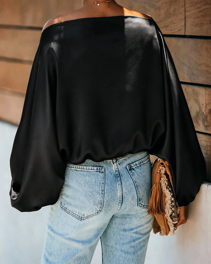 Women's Off Shoulder Satin Blouse Lantern Long Sleeve Shirt Casual Loose Fit Skew Neck Top