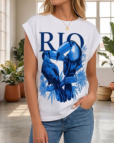 Birds & RIO Letter Print O-neck Short Sleeve Tee Casual Rolled Cuffs Top