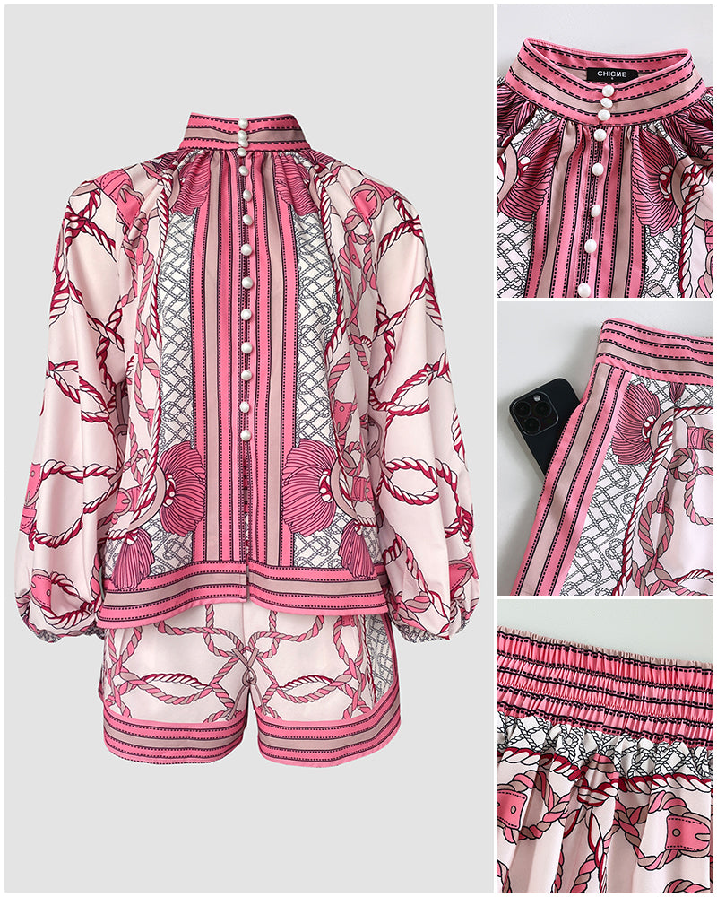 Chain Print Stand Collar Lantern Sleeve Button Front Top and Casual Elastic Waist Shorts Set