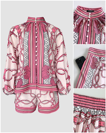 Chain Print Stand Collar Lantern Sleeve Button Front Top and Casual Elastic Waist Shorts Set