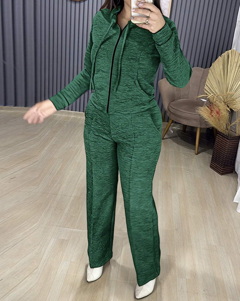 2 Pieces Outfit Long Sleeve Zip Up Drawstring Hoodie Coat and Casual Elastic Waist Seam Front Straight Leg Pants Set