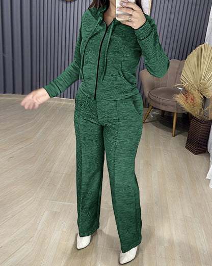 2 Pieces Outfit Long Sleeve Zip Up Drawstring Hoodie Coat and Casual Elastic Waist Seam Front Straight Leg Pants Set