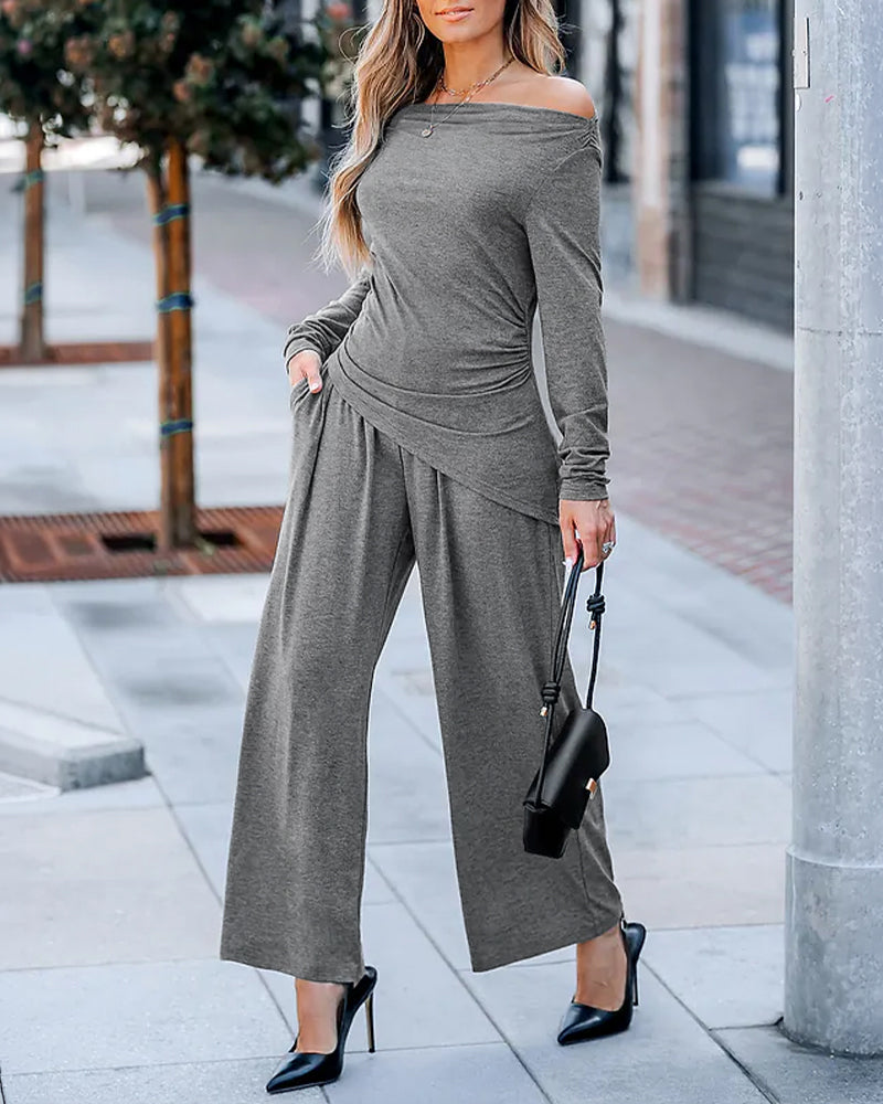 Women's 2 Piece Outfit Off Shoulder Ruched Asymmetrical Top and Wide Leg Pants Set Casual Loungewear