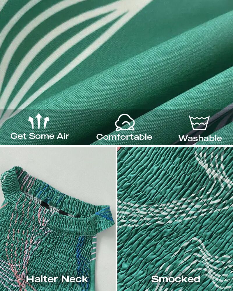 Abstract Line Print Halter Sleeveless Ruffle Hem Dress Casual Shirred Cinched Waist Maxi Dress