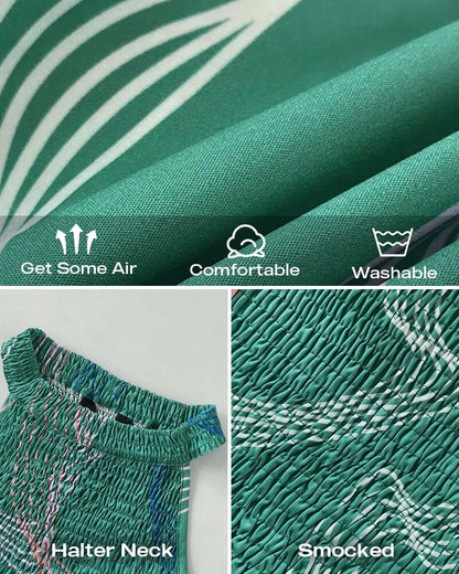 Abstract Line Print Halter Sleeveless Ruffle Hem Dress Casual Shirred Cinched Waist Maxi Dress