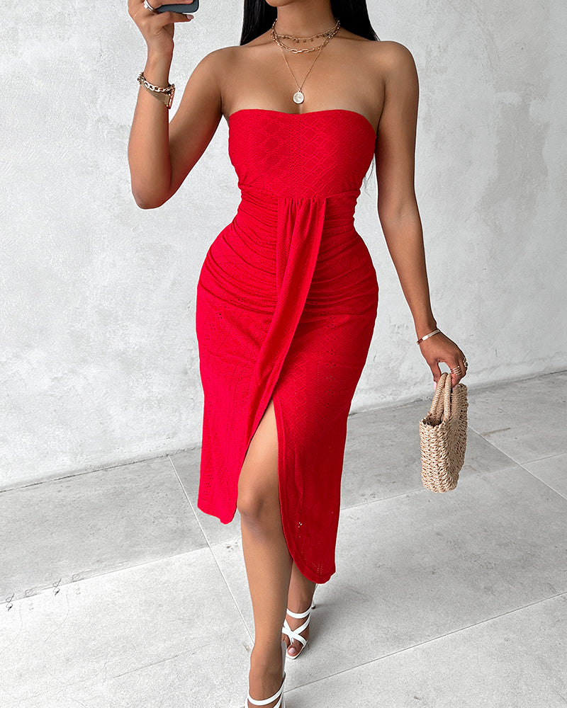 Sleeveless Ruched Cinched Waist Draped Bandeau Dress Eyelet Embroidery Slit Asymmetrical Hem Vacation Dress