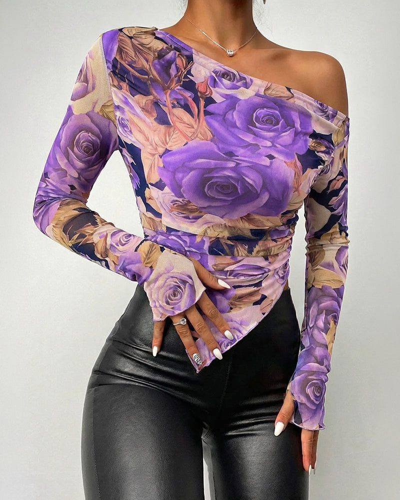 Vintage Floral Print Skew Neck Long Sleeve Asymmetrical Hem Tee Slim Fit Side Ruched Sheer Mesh Top with Thumb Hole Cuffs & Lining