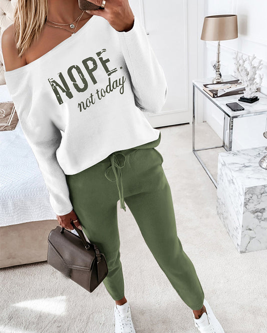 2 Pieces Outfit Nope. Not Today Slogan Print Skew Neck Long Sleeve Pullover Top And Casual Drawstring Stretchy Waist Slim Fit Pants Set