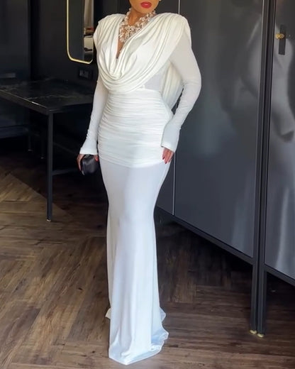 Cowl Neck Ruched Zipper Back Slim Fit Maxi Dress Casual Padded Shoulders Backless Evening Dress