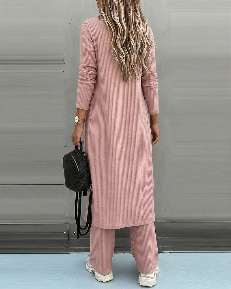 Women's 3 Piece Knit Set Long Cardigan Criss Cross Crop Tank Top and Wide Leg Pants Casual Ribbed Brushed Lounge Set