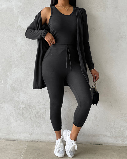3 Piece Lounge Set Crewneck Sleeveless Tank Top Long Sleeve Open Front Coat Pants Sweatsuit
