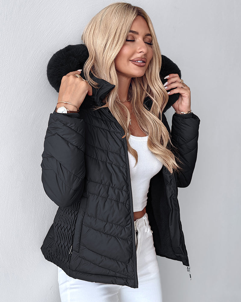 Zipper Pocket Design Shirred Fuzzy Trim Fleece Lined Hooded Puffer Jacket