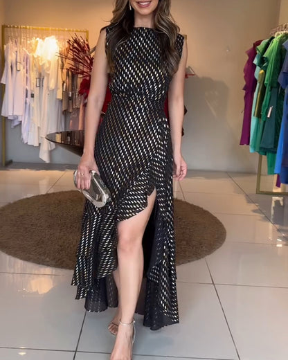 Punching Sleeveless Waist Maxi Dress Elegant Asymmetrical Ruffles Slit Skinny Dress