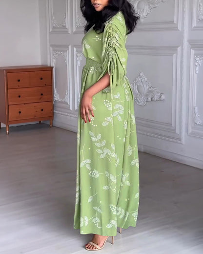 Plants Print Overlap V-Neck Drawstring Sleeve Shirred Waist Maxi Dress Casual Cinched Waist Zipper Back Vacation Dress
