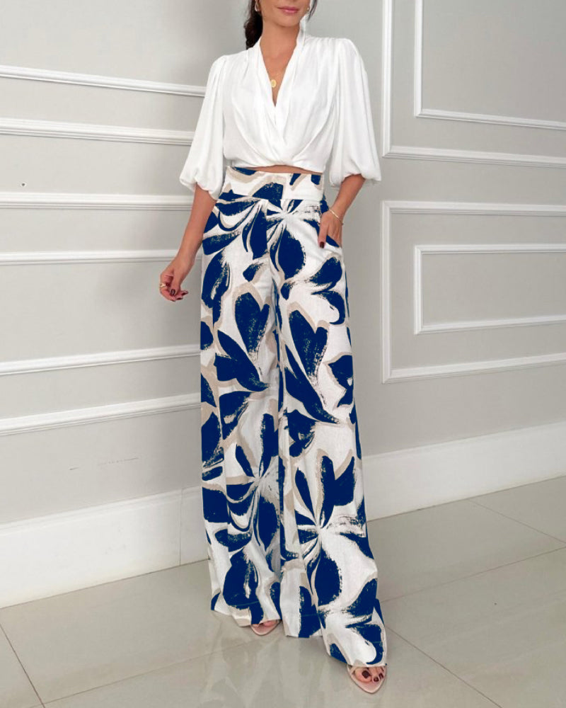 2 Pieces Outfit Wrap Plunge V Neck Crop Blouse and Casual Floral Print Wide Leg Pants Set