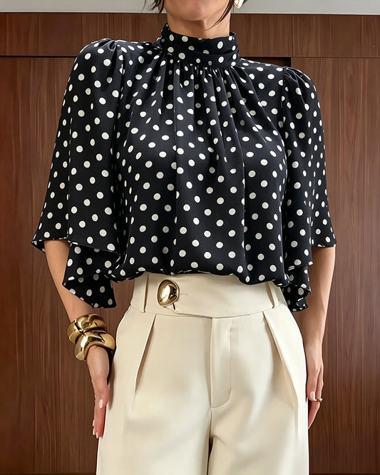 Women's Mock Neck Chiffon Blouse Polka Dot Ruched Elegant Flared Sleeve Top Casual Office Commute Shirt