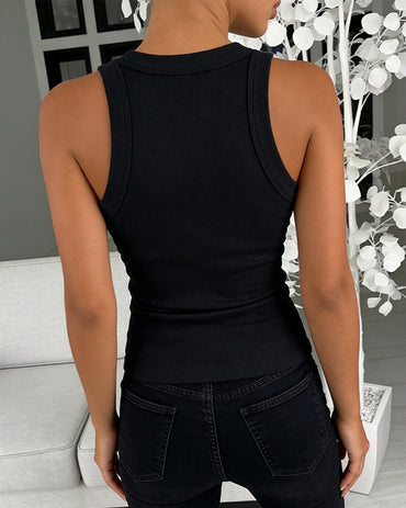 Rhinestone Decor O-neck Sleeveless Slim Fit Ribbed Tank Top