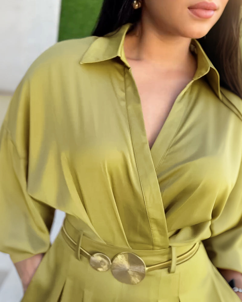 Women's Two Piece Satin Outfit Turn-down Collar Wrap Crop Shirt and Wide Leg Pants Set Elegant Matching Set