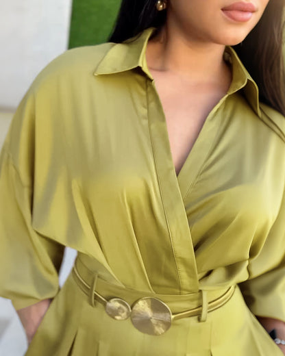 Women's Two Piece Satin Outfit Turn-down Collar Wrap Crop Shirt and Wide Leg Pants Set Elegant Matching Set