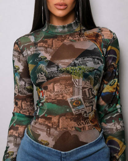 Women's Y2K Vintage Print Sheer Mesh Top Slim Fit Mock Neck Sexy Tee Shirt Lettuce Trim Long Sleeve Blouse