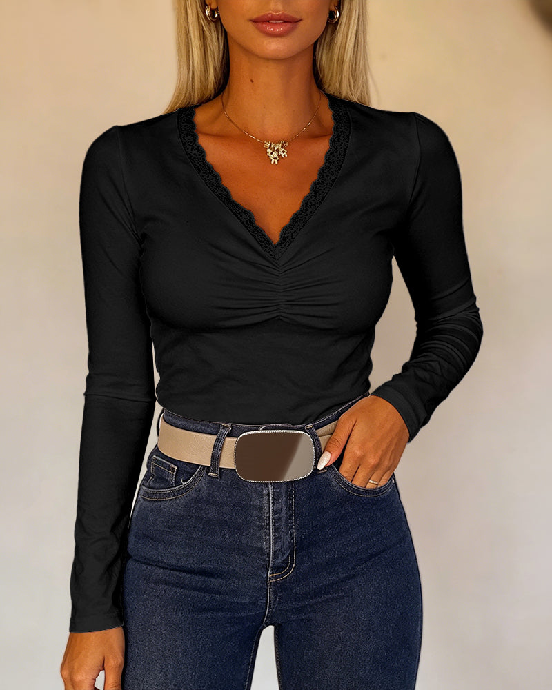 Women's Lace V Neck Ruched T Shirt Slim Fit Long Sleeve Tee Casual Elegant Top