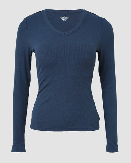 Women's V Neck Long Sleeve Ribbed Knit Top Slim Fit Base Layer Shirt Soft Stretchy Casual Tee with Built-in Bra