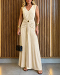 Women's Deep V Neck Sleeveless Maxi Dress Ruched Gold Decor Draped A Line Evening Gown