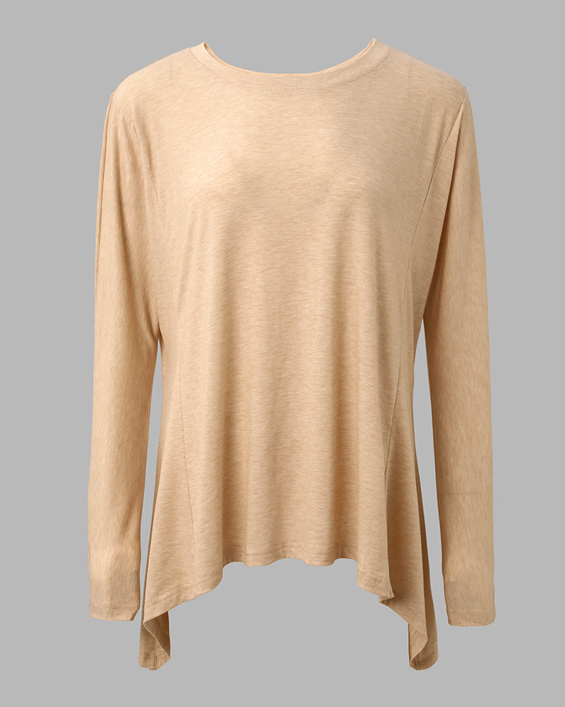 Haut à manches longues avec ourlet asymétrique pour femme, coupe ample, épaules tombantes, col rond, doux, ample, décontracté