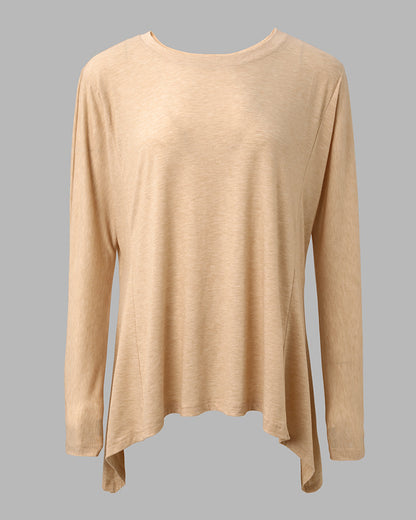 Haut à manches longues avec ourlet asymétrique pour femme, coupe ample, épaules tombantes, col rond, doux, ample, décontracté