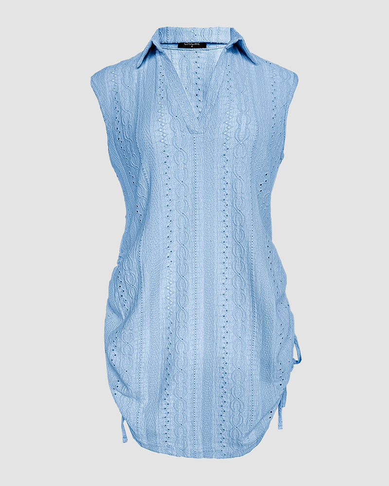 Women's Lapel V Neck Jacquard Beach Cover Up Eyelet Embroidery Cap Sleeve Ruched Drawstring Side Mini Dress