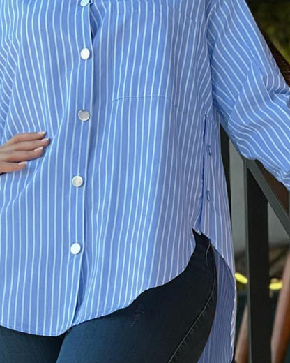 Striped Turn-down Collar Long Sleeve Blouse Casual Button Down T Shirts Top