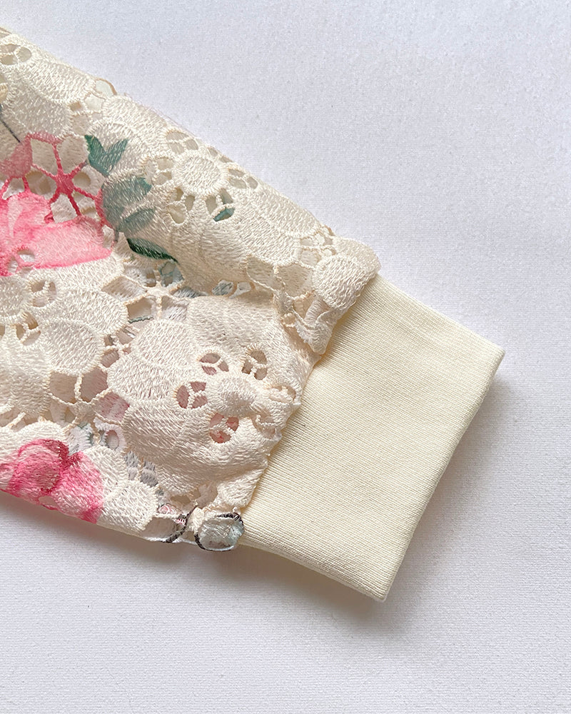 Floral Print Zip Up Water-Soluble Lace Baseball Coat Casual Hollow-out Bomber Crop Jacket