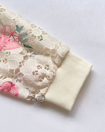 Floral Print Zip Up Water-Soluble Lace Baseball Coat Casual Hollow-out Bomber Crop Jacket