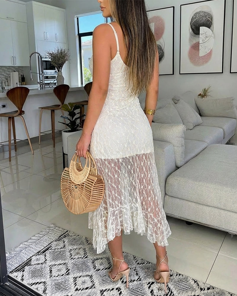 V-Neck Adjustable Spaghetti Straps Tie Front Asymmetrical Hem Dress Casual Hollow-out Front Backless Textured Lace Overlay Party Dress