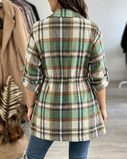 Women's Plaid Drawstring Waist Lapel Mid Length Coat Casual Roll Up Sleeve Jacket