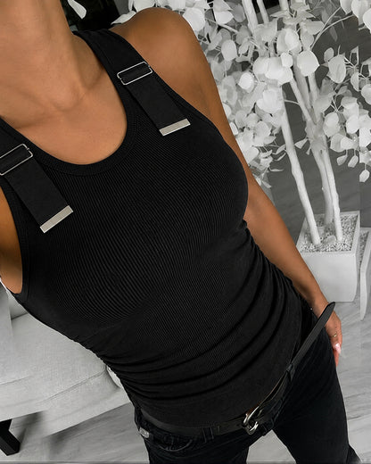 Women's Ribbed Knit Tank Top Adjustable Buckle Strap Side Ruched Knit Top Curved Hem Slim Fit Vest