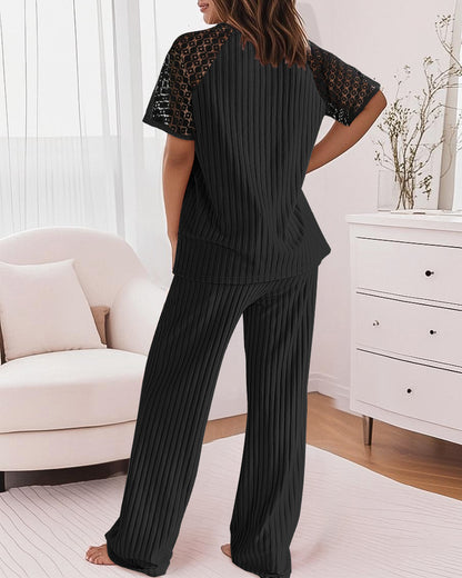 2 Pieces Outfit Round Neck Lace Spliced Short Sleeve Top and Elastic Waist Straight Leg Pants Set Casual Brushed Ribbed Pajamas Set