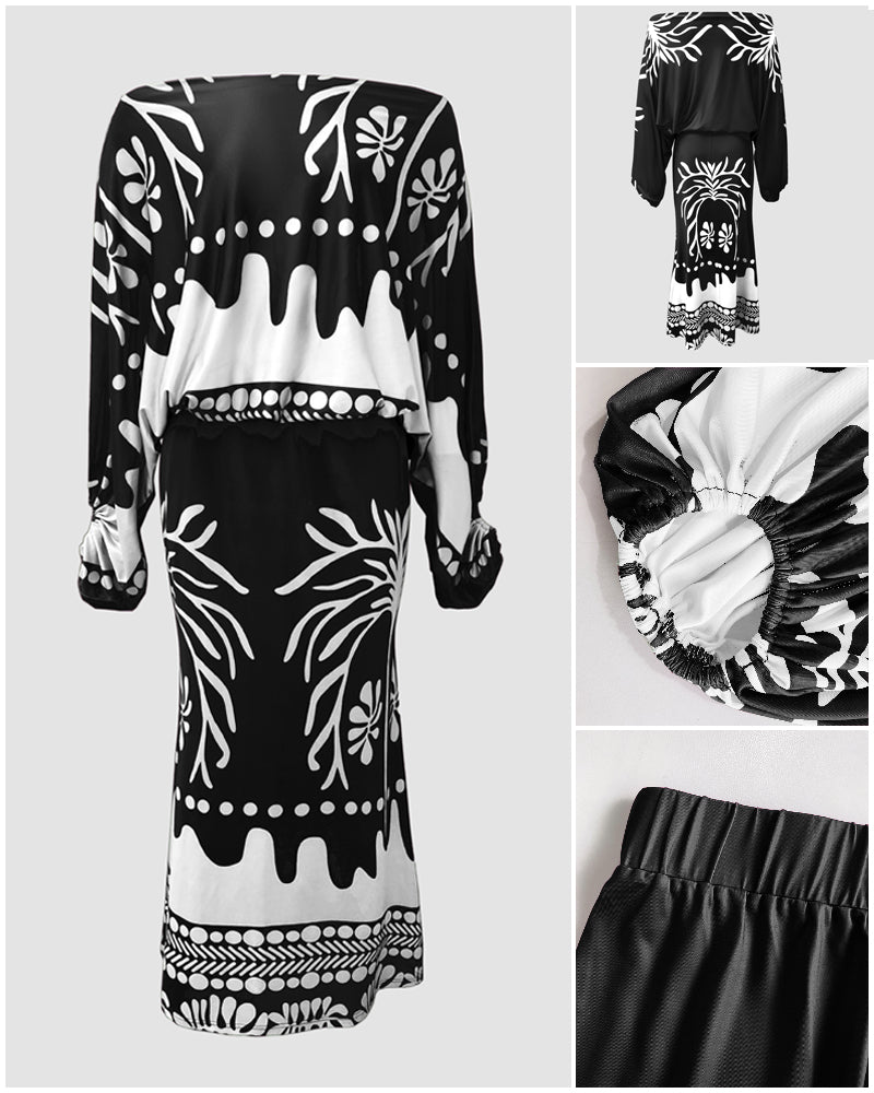 2 Pieces Outfit Tropical Print Lantern Sleeve Cold Shoulder Loose Top And Casual High Waist Fishtail Maxi Skirt Set