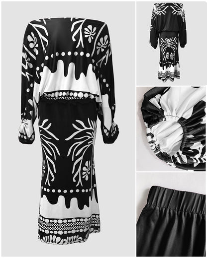 2 Pieces Outfit Tropical Print Lantern Sleeve Cold Shoulder Loose Top And Casual High Waist Fishtail Maxi Skirt Set